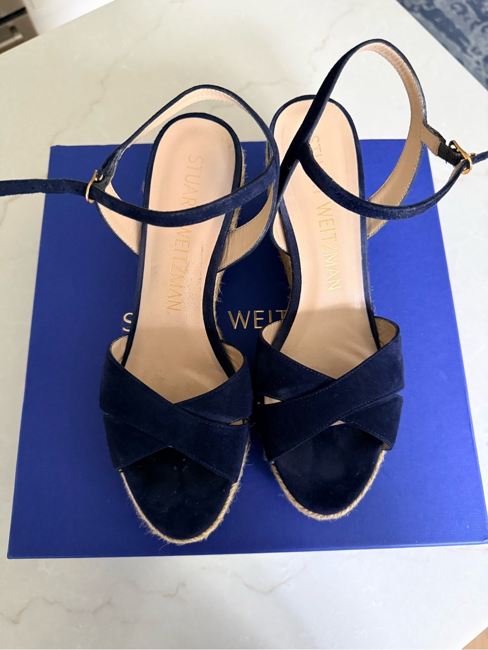 Stuart Weitzman Navy Suede Crisscross Ankle‑Strap Espadrille Wedges